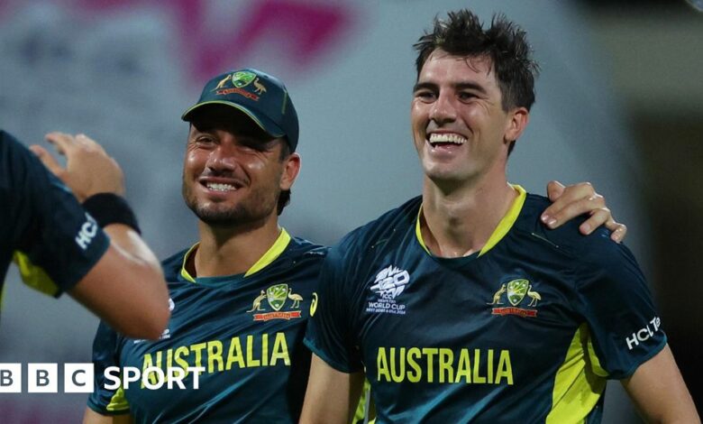 Australia's Pat Cummins and Marcus Stoinis celebrate a wicket against Bangladesh at 2024 T20 World Cup