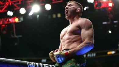 Dricus Du Plessis of South Africa celebrates winning his fight against Israel Adesanya of Nigeria by submission during UFC 305 at RAC Arena on 18 August 2024 in Perth, Australia. (Paul Kane/Getty Images)