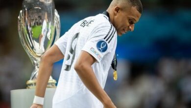 Kylian Mbappe of Real Madrid with the Super Cup during the match against Atalanta BC at National Stadium on Wednesday. ( Mateusz Slodkowski/Getty Images)