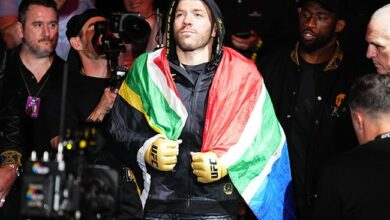 Dricus du Plessis ahead of his UFC 305 fight against Israel Adesanya in Perth on 18 August 2024. (Jeff Bottari/Zuffa LLC/Getty Images)