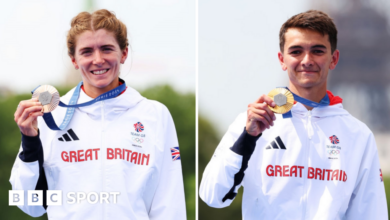 Beth Potter and Alex Yee with their Olympic medals