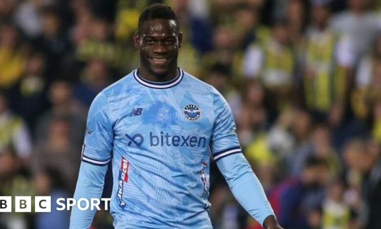 Mario Balotelli smiling during the Turkish Super League match between his side Adana Demirspor and Fenerbahce.