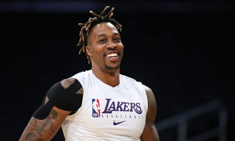 Los Angeles Lakers center Dwight Howard (39) all smiles before the Houston Rockets vs Los Angeles Lakers game on February 06, 2020, at Staples Center in Los Angeles, CA.