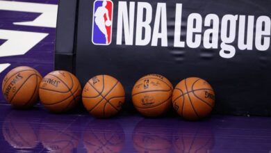 NBA basketballs on the court before the NBA game between the Phoenix Suns and the Dallas Mavericks at PHX Arena on December 23, 2020 in Phoenix, Arizona. The Suns defeated the Mavericks 106-102.