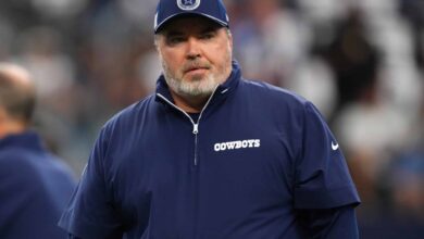 ARLINGTON, TEXAS - OCTOBER 13: Head coach Mike McCarthy of the Dallas Cowboys looks on before a game against the Detroit Lions at AT&T Stadium on October 13, 2024 in Arlington, Texas.