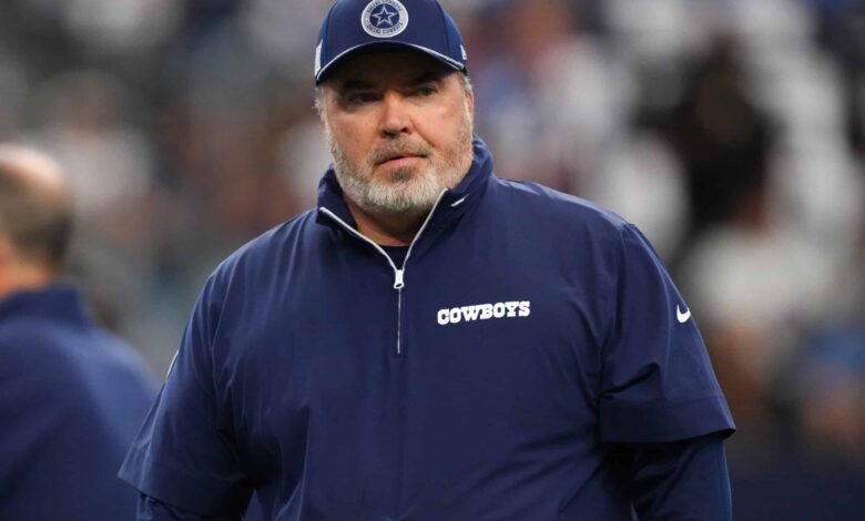 ARLINGTON, TEXAS - OCTOBER 13: Head coach Mike McCarthy of the Dallas Cowboys looks on before a game against the Detroit Lions at AT&T Stadium on October 13, 2024 in Arlington, Texas.