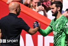 Liverpool manager Arne Slot with Alisson Becker