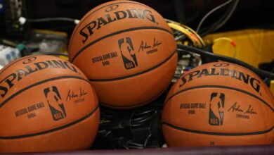 NBA game balls before the Portland Trail Blazers versus the Los Angles Lakers game on November 14, 2018, at Staples Center in Los Angeles, CA.