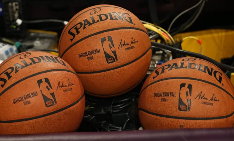 NBA game balls before the Portland Trail Blazers versus the Los Angles Lakers game on November 14, 2018, at Staples Center in Los Angeles, CA.