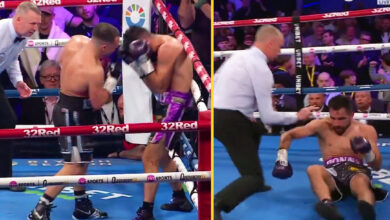 Undefeated British world champion 'Mini Mike Tyson' crushes challenger against ropes and forces his corner to stop the fight