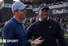 Rory McIlroy and Tiger Woods pictured during the Genesis Invitational in 2024