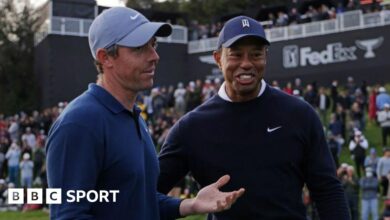 Rory McIlroy and Tiger Woods pictured during the Genesis Invitational in 2024