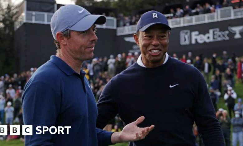 Rory McIlroy and Tiger Woods pictured during the Genesis Invitational in 2024