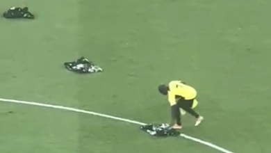 Footage shows 'humble' N'Golo Kante clearing the pitch after fan delay tactics as the ex-Chelsea star once again shows his class